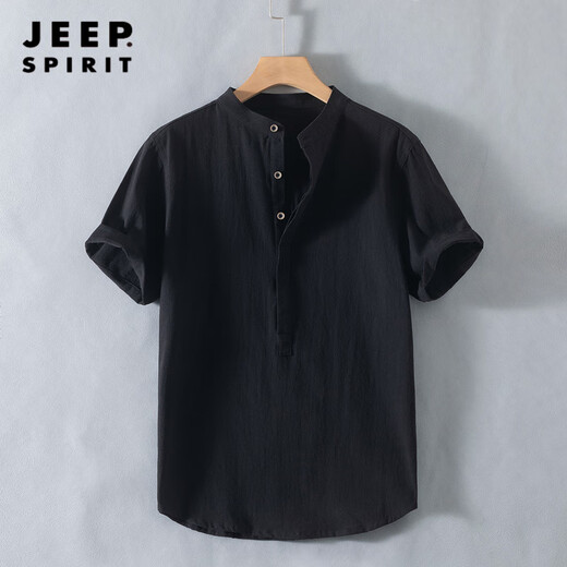 JEEP SPIRIT Henry collar linen short-sleeved shirt men's collarless men's cotton and linen shirt t-shirt top polo shirt summer Chinese style RC210 dark blue M
