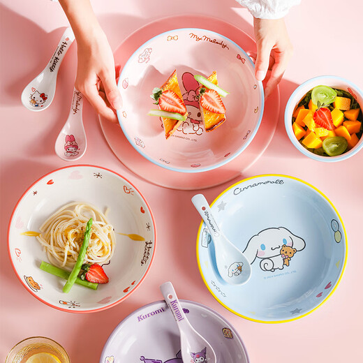 Disney (Disney) ceramic rice bowl children's tableware cream style plate creative cute girl heart ins style home use 5 pieces of big ear dog (rice bowl + spoon + chopsticks + plate + cup)