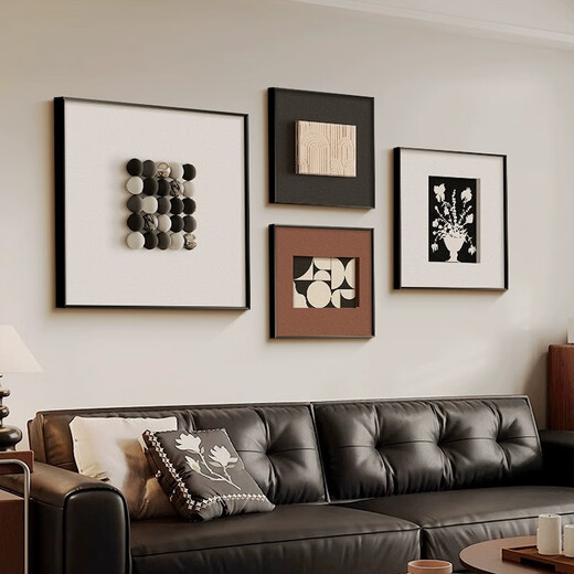Jiancao three-dimensional sandstone Italian minimalist living room decorative painting high-end sofa background wall hanging painting medieval style restaurant mural A small set: 50*50+30*30*2+40*40cm Black [aluminum alloy frame] Three-dimensional solid wood painting + textured sandstone + woven leather