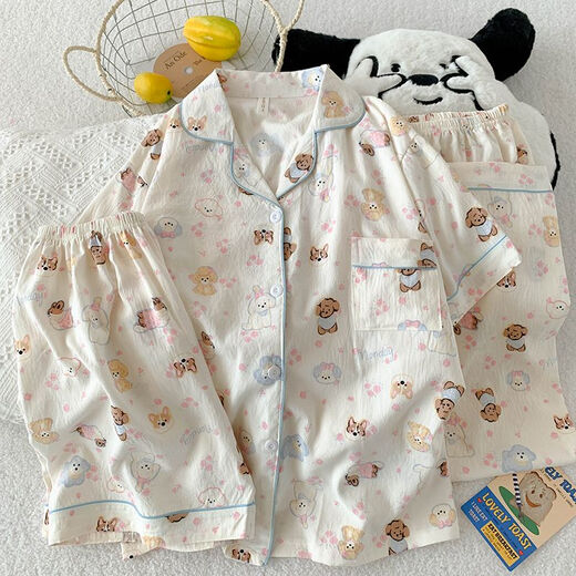 Pajama de tres piezas de terciopelo ártico para mujeres en el algodón de algodón de algodón de verano de algodón de manga corta algodón de algodón lindo cachorro de cachorro estilo primavera y ropa de verano Z9902 m [80-100Jin [Jin iguala 0.5 kg]]]