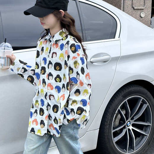 BJT Girls' Shirts Spring and Autumn Clothing Children's Style Long-Sleeved Tops 2025 New Girls Autumn Full Print Clothes Trendy White 160 cm