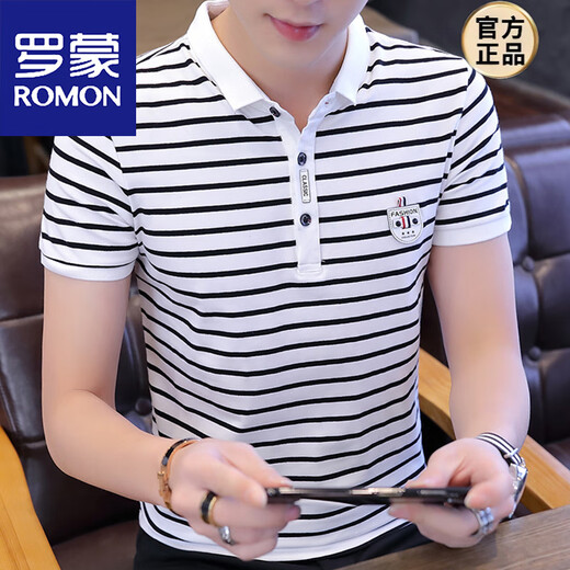 Camiseta de manga corta para hombres Romon Camiseta pura algodón delgada Camiseta de moda pura algodón puro de verano Polo de polo rayado nuevo W7029 Burgundy M 90-105Jin [Jin equivale a 0.5 kg]