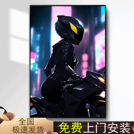 赛博朋克挂画电竞房汽车机车摩托车装饰画酒店走廊网吧背景墙壁画 夜幕战猫 S1047 40*60cm