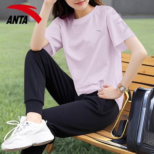 安踏休闲运动服套装女2025春夏季薄款冰丝速干短袖T恤束脚针织长裤 7121-1罗衣紫【套装】 M