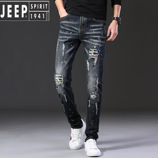 JEEP SPIRIT summer thin ripped jeans for men handsome trendy brand stretch 2025 new slim fit small feet trendy trousers for men 687 black 28