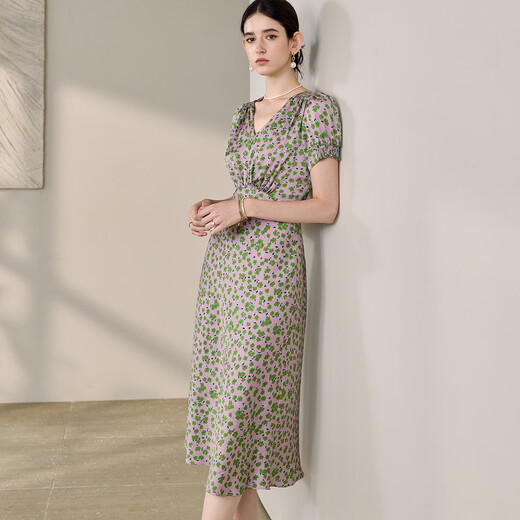 
ROEYSHOUSE ROYE Elegant V-neck Floral Dress for Women 2025 Summer New Fashion Puff Sleeve Waist-Close Mid-Long Skirt 12138 Floral XL