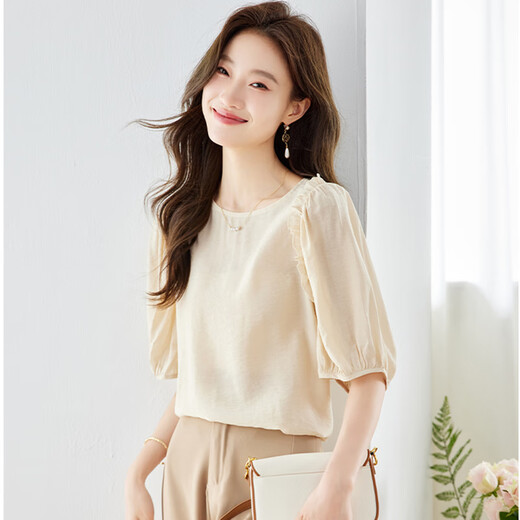 Olj Light Luxury Brand T-Shirt für Frauen im Jahr 2025 Sommer Neue Fünf-Punkte-Hülle schwarze Ohrringe modische runde Hals-Age-reduzierende Chiffon-Top-Bildfarbe S 85-100jin [Jin entspricht 0,5 kg]