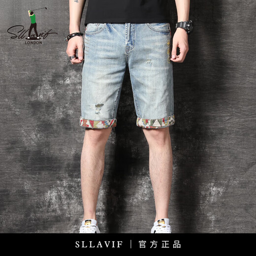 SLLAVIF 2025 Sommer Neues High-End-gestickte zerrissene Denim Shorts Herren leichte Luxus-Trendy Fünf-Punkte-Hosen Koreanische Reithose 826# 28