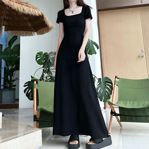 Muni Square Collar Taille Hugging Kleid Französisches Temperament Schwarzes Sommer Ladies Outfit Slim A-Line Long Rock Pendelpendel und ungezwungenes Kleid mit kurzer Ärmeln [Schwarz] Empfohlen 90-120 Jin [Jin ist 0,5 kg]