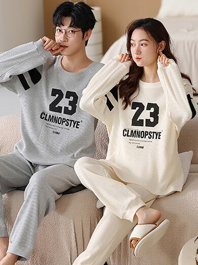 MANZHIBAN COUPLE PAJAMAS Spring and Automne Coton Pure Coton Longue Linette plus Taille maison Vêtements et femmes mince Coton Set HMF7374 # Coton Pure Coton Set Femmes: M