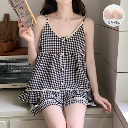 带胸垫睡衣女夏季新款格子花边吊带短裤韩系可爱云朵棉家居服套装 9904杏色 XL