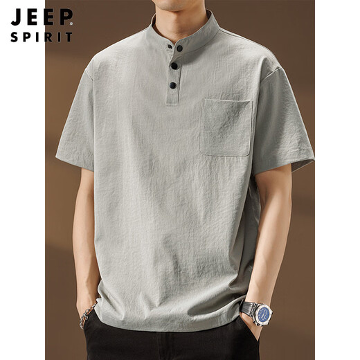 JEEP SPIRITPOLO shirt short-sleeved men's Henry collar 2025 summer thin stand-up collar quick-drying loose T-shirt Zhongshan breathable tops gray L weight range 120-140Jin Jin equals 0.5 kg