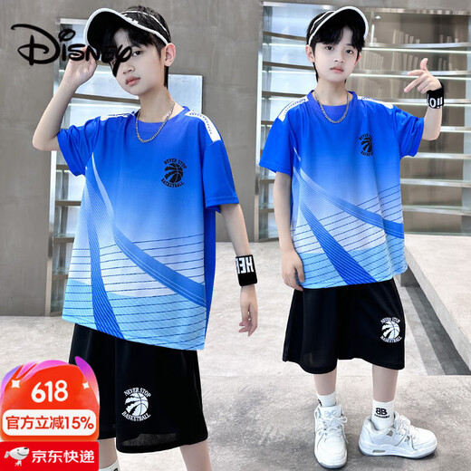迪士尼（Disney）儿童男童短袖篮球服套装2025新款夏装运动球衣大童男孩速干训练服 蓝色 9905 120