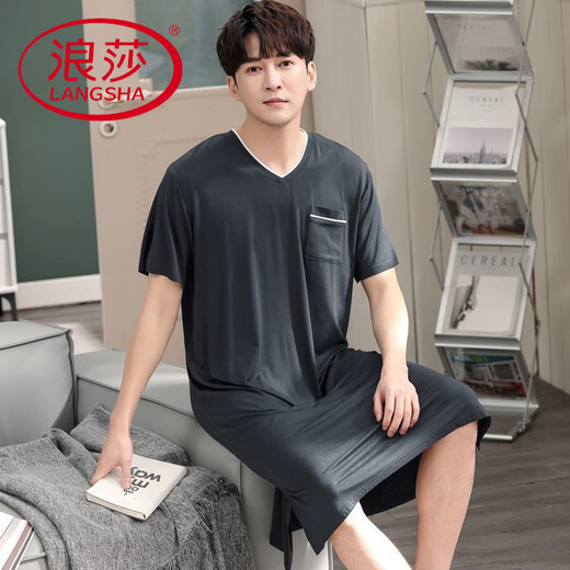 浪莎（LangSha）凉爽男士割包皮睡裙睡袍男夏季薄款冰丝莫代尔睡衣男长款短袖宽松 旗舰店-844深蓝 L