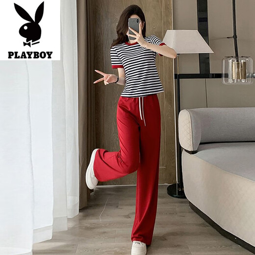 Playboy (Playboy) Casual Sports-Anzug für Frauen im Sommer 2025 Neue kleine und modische altersreduzierende Streife kurzärmeliges Zwei-Stück-T-Shirt mit weit geschwindiger Hose-Flaggschiff L [vorgeschlagen 100-115jin [Jin gleich 0,5 kg]]