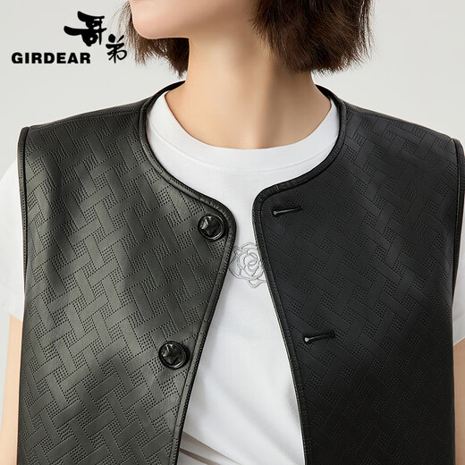 哥弟（GIRDEAR）女装2025夏装新款时髦造型圆领PU皮马甲外套女140023 黑色 M (3码)