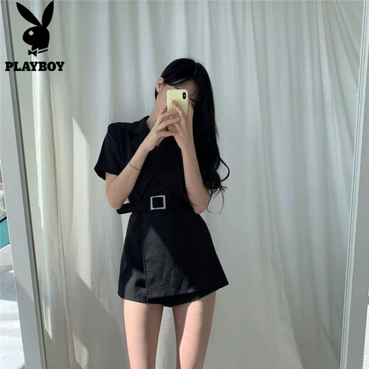 花花公子;PLAYBOY法式新款夏季韩版连体衣女装气质收腰连身短袖西装领连体短裤套装 黑色 S