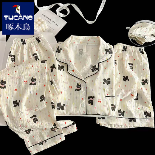 Woodpecker Japanese ins style summer short-sleeved pajamas for women pure cotton gauze three-piece set cute cartoon outside home clothes Yunduo Cotton-9906# Star Puppy Three-piece Set M [Suggested 75-100Jin [Jin equals 0.5 kg]]