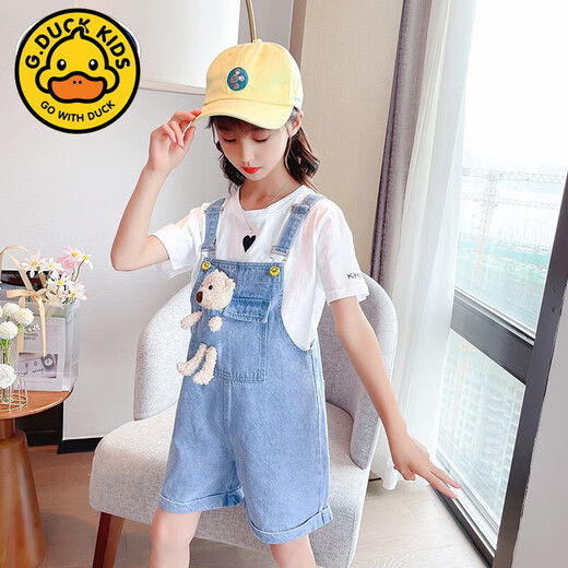 G.Duckkids Girls Bär Denim Overalls Set 2025 Sommer Neues koreanisches Stil Mode Kinder-Denim-Shorts Love T-Shirt Einteilige Blaue Kurzfilms 140 cm