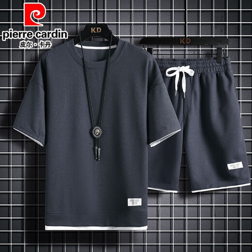 皮尔卡丹（pierre cardin）重磅华夫格短袖T恤男夏季宽松大码运动短裤套装工作服圆领透气潮 829黑色【套装】 M 100-120斤