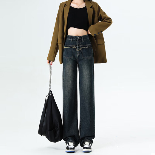 
Cement gray pocket bristled straight-leg pants 2025 new loose wide-leg jeans high-waisted floor pants #9901 Cement gray Regular 28 (recommended 105-115Jin [Jin equals 0.5 kg])