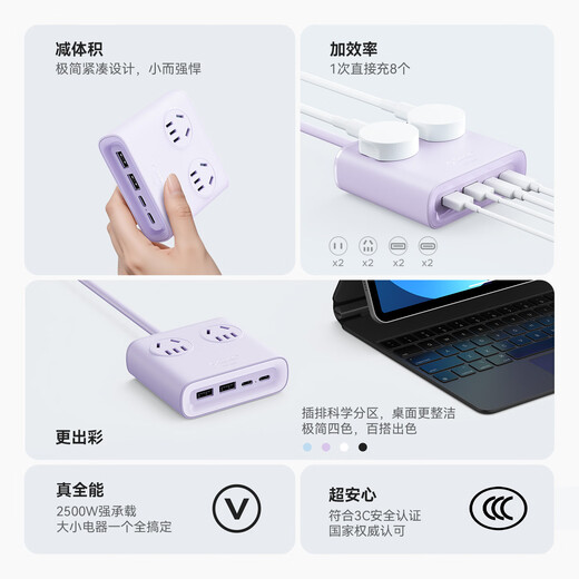 Orrick suitable for iphone17 small square brick desktop charging station plug-in USB socket multi-function plug-in board full length 0.8 meters purple