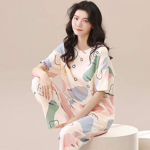 雅鹿紧赛纯棉睡衣女短袖春夏宽松女长裤韩版家居服秋季可外穿套装凉感 品牌T-9712 M (85-105斤)