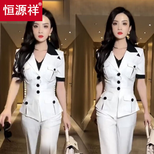 
Hengyuanxiang Xiaoxiang Fashionable Suit Pants 2025 Summer New Temperament Women's Clothing Female Sex Two-Piece Set 4379-White [Top + Pants] M