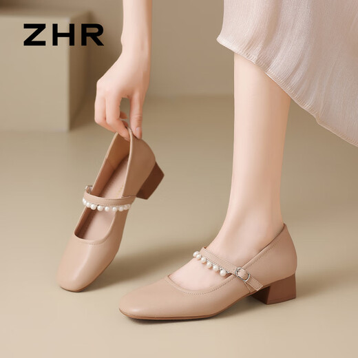 ZHR Mary Jane shoes for women in summer thick heel real cowhide pearl women's shoes temperament versatile single shoes for women AH692 apricot color 35