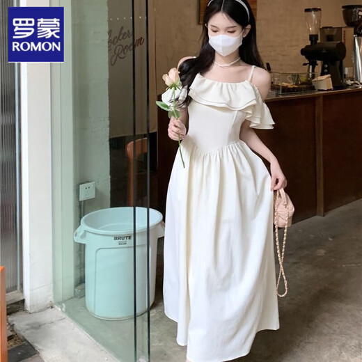 罗蒙一字肩吊带连衣裙女设计感小众夏季2025新款法式温柔初恋收腰裙子 1098# M 建议90-100斤
