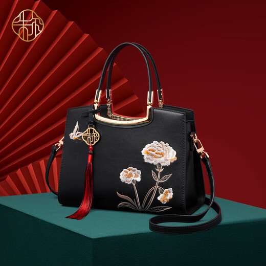 
ZOOLER Bag Women's 2025 New Chinese Style Embroidery Women's Bag Genuine Leather Light Luxury Women's Bag Birthday Gift [Ink Dye Black] Charming Chinese Style Embroidery