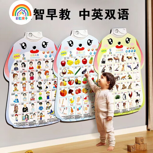 彩虹房子拼音有声挂图儿童认知早教发声儿童语音宝宝看图识字墙贴QD 1张有声【水果蔬菜】