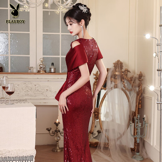 Playboy (PLAYBOY) burgundy evening dress 2025 new women's light luxury sleeveless dress temperament sequin temperament fishtail dress burgundy M