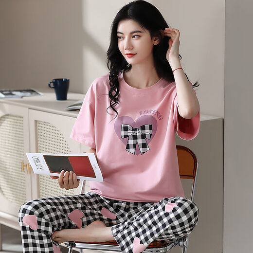 Yalu pure cotton pajamas for women in spring and summer short-sleeved trousers casual loose women Korean style home clothes for autumn can be worn for outerwear cool feeling Brand T-9716 (short-sleeved trousers) XL (125-145Jin [Jin equals 0.5 kg])