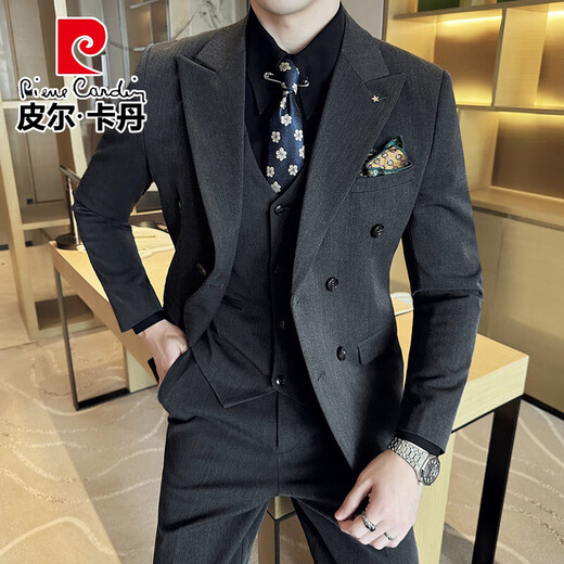 Pierre Cardin groom wedding suit men's peak lapel slim fit dress business professional formal double-breasted suit men Zhangqing three-piece suit 2XL (suitable for 141-154Jin Jin equals 0.5 kg)