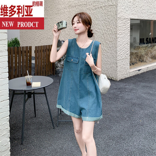 
Victoria's style sleeveless work suit denim overalls for women's summer 2025 new small jumpsuit shorts American retro popular denim blue XS (recommended 95 Jin [Jin equals 0.5 kg])