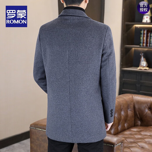 罗蒙（ROMON）冬季羊毛呢大衣男士中长款西装领加棉加厚风衣青年休闲呢子外套男 黑色【加棉保暖】 2XL 185 145-160斤