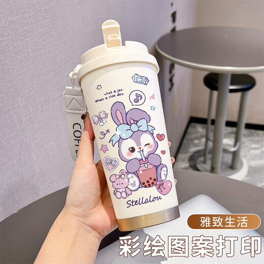 三栖虎茵桐Hello保温杯316不锈钢高颜值可携式办公咖啡杯大容量吸管水杯 食品级不锈钢古董白XA15264紫色兔子 201不锈钢304不锈钢内胆316不锈钢