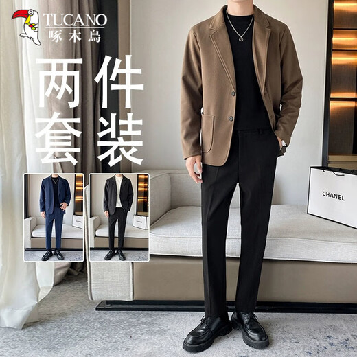 Woodpecker (TUCANO) suit jacket men's 2025 spring and autumn Korean style trendy loose woolen trousers men's casual suit brown suit + black trousers S Recommended 85-105Jin Jin equals 0.5 kg