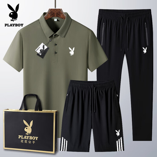 花花公子（PLAYBOY）爸爸夏装冰丝短袖t恤男士中老年休闲运动套装40-60岁衣服 6630款-铁灰【3件套】 M (穿95-110斤)