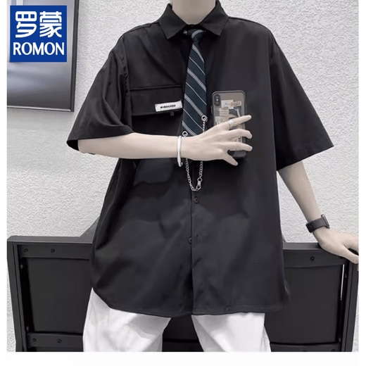 ROMON DK uniform trendy short-sleeved shirt men's Korean version casual three-piece suit pussy casual white shirt suit student class suit trousers + C36 shirt black + tie original non-iron free L 105-120Jin [Jin equals 0.5 kg]