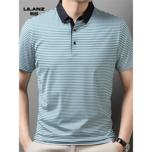 Lilang men's lapel short-sleeved T-shirt summer striped young and middle-aged business casual POLO shirt ice silk breathable top green 13691 M 170