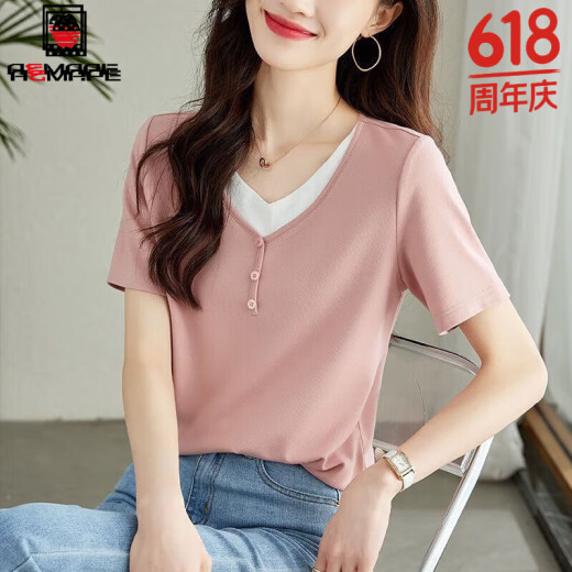 AEMAPEt恤女2025夏季韩版百搭新款假两件短袖藕粉半袖短袖潮流v领上衣 粉红色 M 建议901105斤