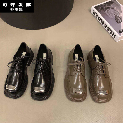 菲洛曼猪腰子鞋女洛丽塔平头小皮鞋春秋季厚底穆勒 黑色RM692-1 36