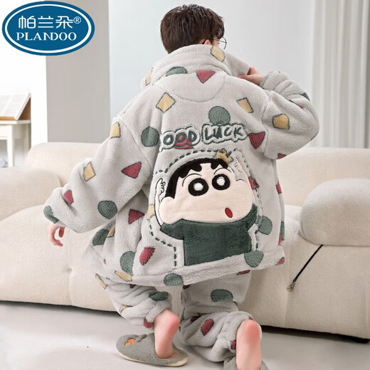 Palando Crayon Shin-Shikong Koralle Velvet Herren-Pyjamas für Herbst- und Winterstudenten, große Größe plus Samt verdickte Hauskleidung für junge Menschen XQ-9928 kleiner Größe M (geeignet für Größe ca. 155 cm, Gewicht 8