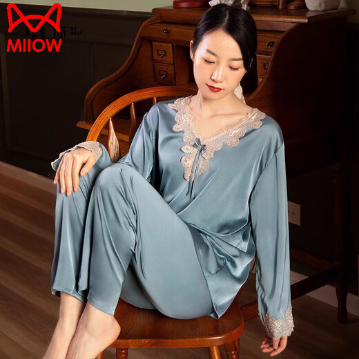 Catman Großgröße Pyjamas für Frauen im Sommer dünne lange Ärmel Lange Hosen koreanische Eisseide Pyjamas Zweiköpfige sexy Heimkleidung Langarm 9856 mittelrosa Abdeckung M [70-100jin [Jin gleich 0,5 kg]]