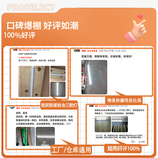 Biuyum tri-proof light LED tube integrated strip light fluorescent lamp engineering super bright energy-saving commercial flat-1.2 meters-white light 60w