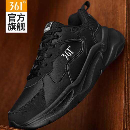 361 Women's Shoes Sports Shoes Women's 2025 Autumn and Winter New Leather Waterproof Black Casual Shoes Women's Lightweight Anti-Slip Running Shoes Obsidian Black 38