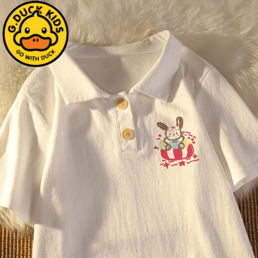 G.DUCKKIDS girls pure cotton short-sleeved t-shirt polo shirt printed summer clothing medium-sized children's base shirt children's fashionable top white #1105 120 cm suitable for 110-120cm 5-6 years old