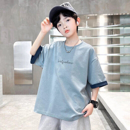 Boys summer short-sleeved T-shirt 2025 new medium and large children boys summer tops handsome thin style trendy brand t CQS-T139 lake blue 160